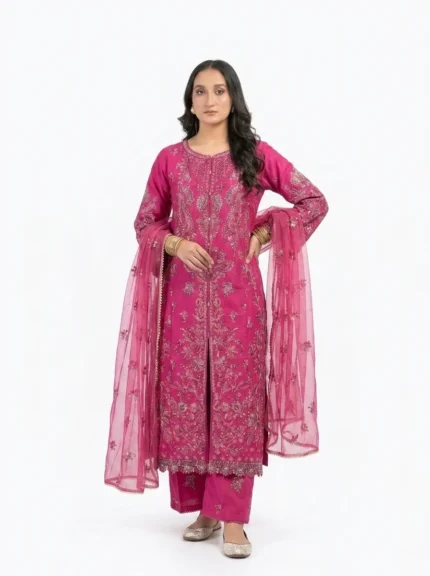 3PC Stitched Rani Pink Silk