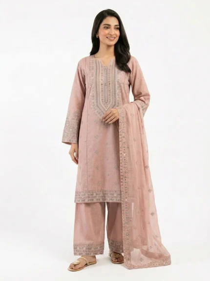 3PC Stitched Lotus Lilac Cotton
