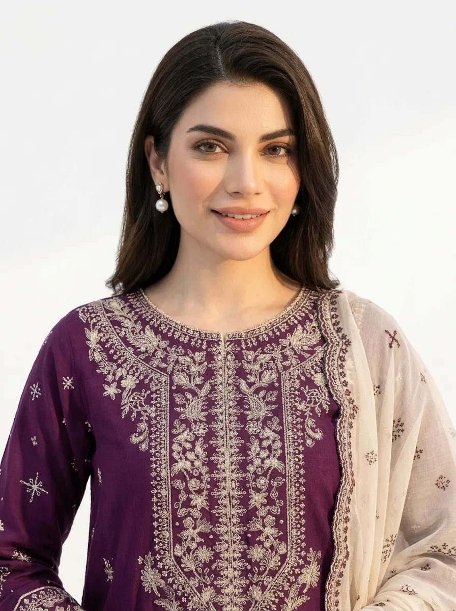 3PC Stitched Solace Purple Cotton
