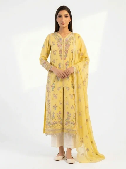 3PC Stitched Mehr Yellow Lawn