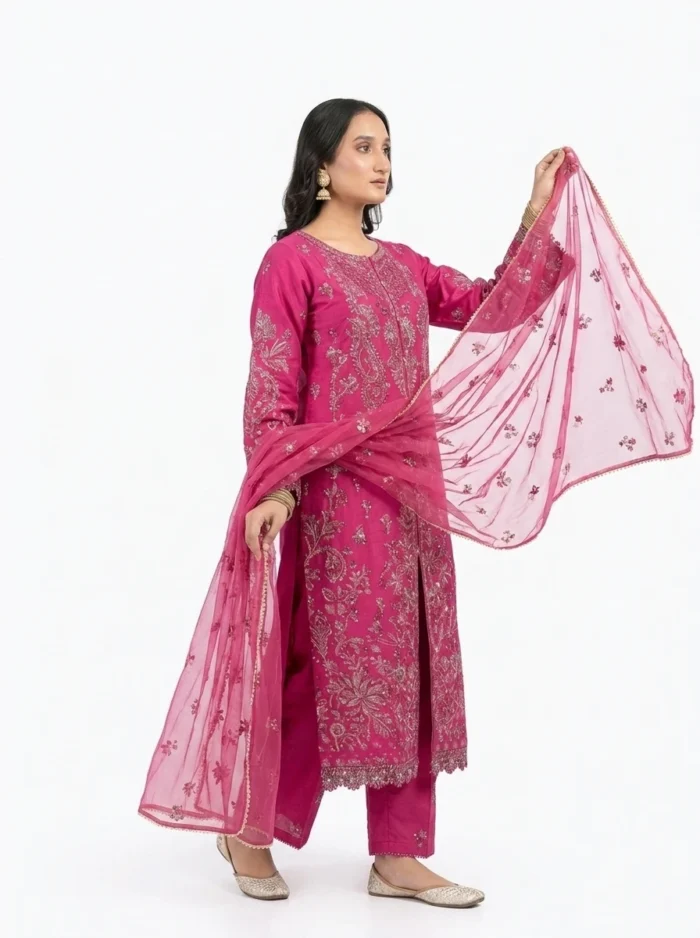 3PC Stitched Rani Pink Silk