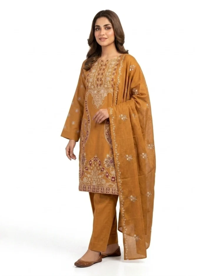 Unstitched Zahra Ochre Lawn Suit