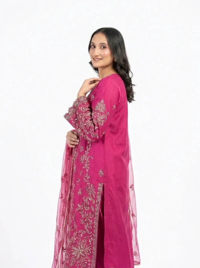 3PC Stitched Rani Pink Silk