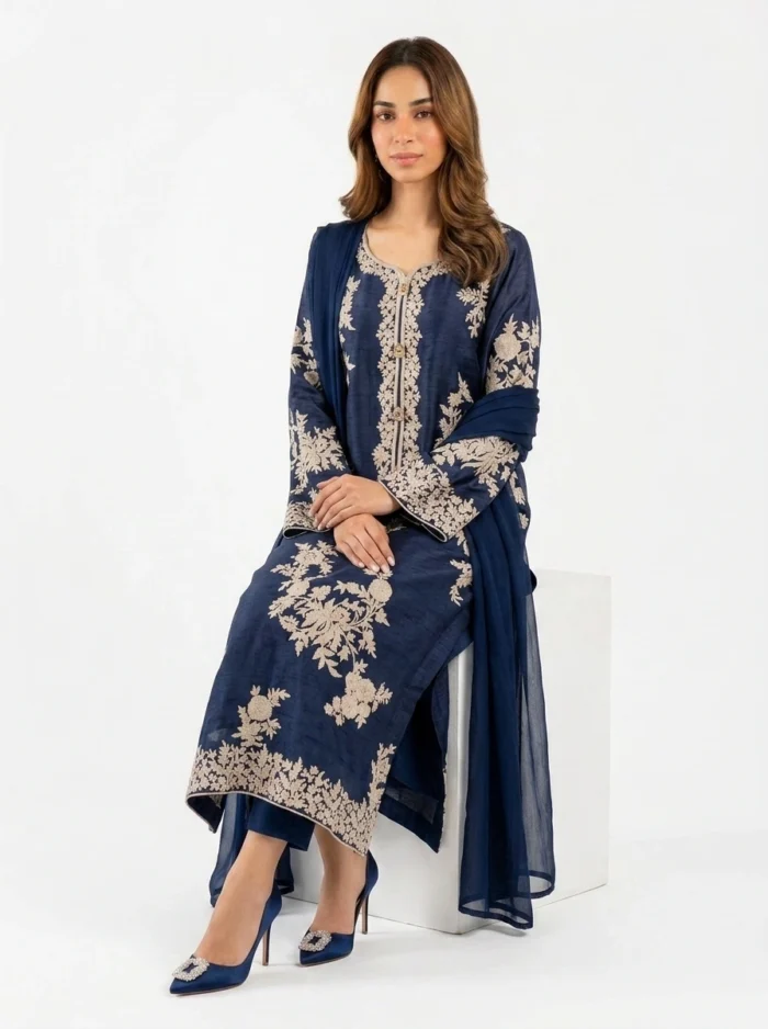 3PC Stitched Safa Navy Dhanak
