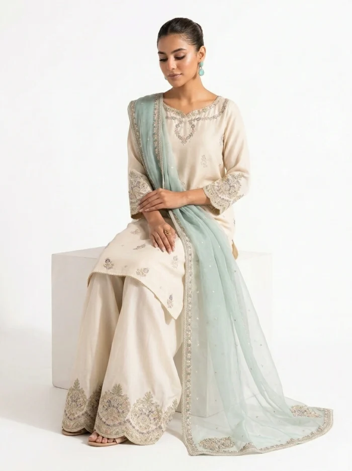 3PC Stitched Noor Cream Lawn