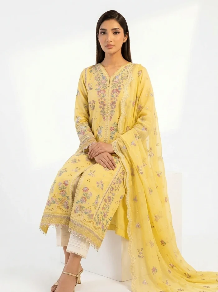 3PC Stitched Mehr Yellow Lawn