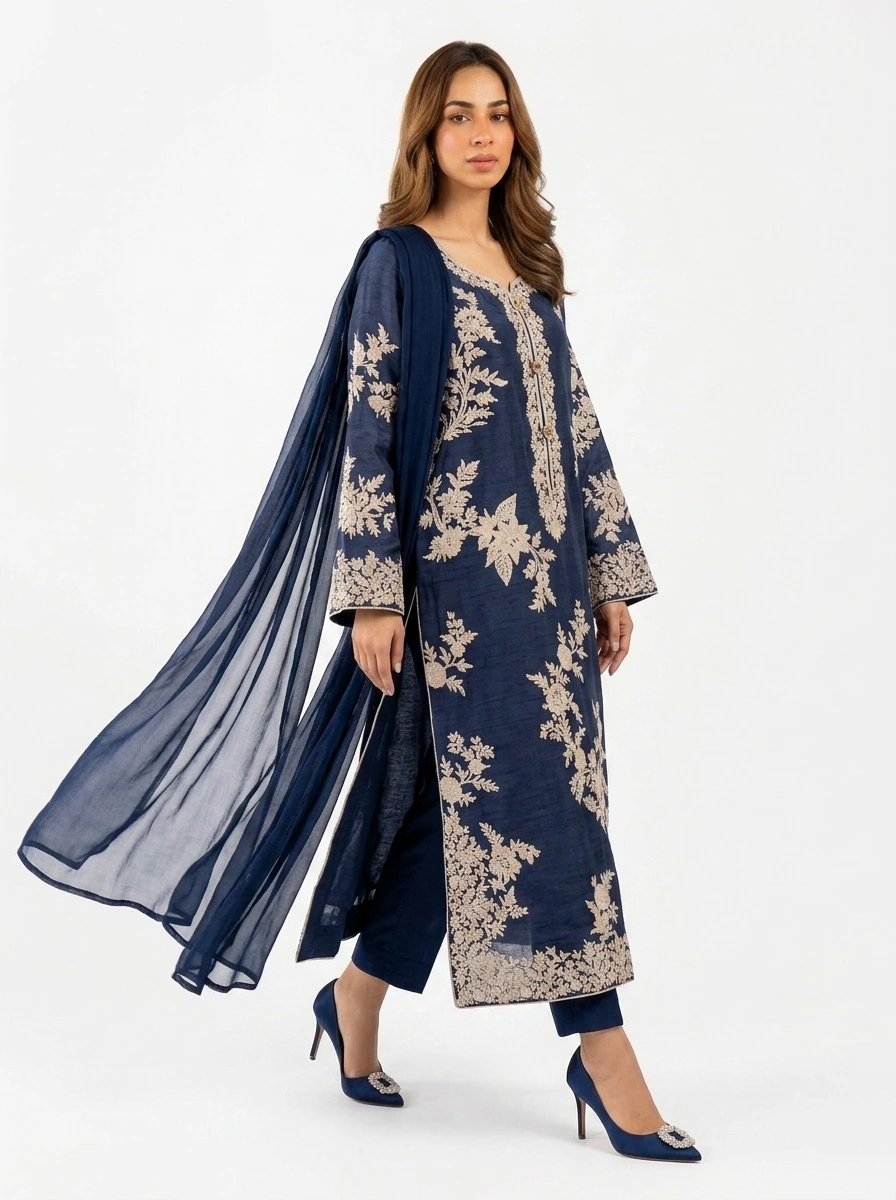 3PC Stitched Safa Navy Dhanak