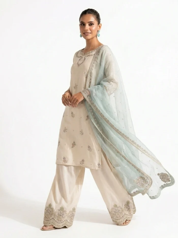3PC Stitched Noor Cream Lawn