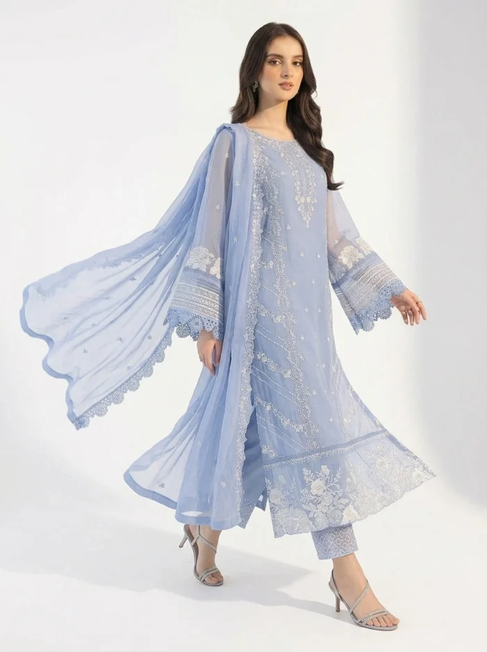 3PC Stitched Fairy Blue Organza