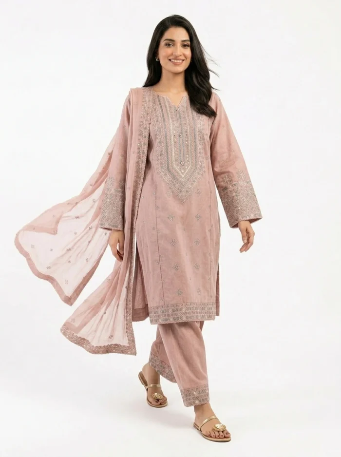 3PC Stitched Lotus Lilac Cotton
