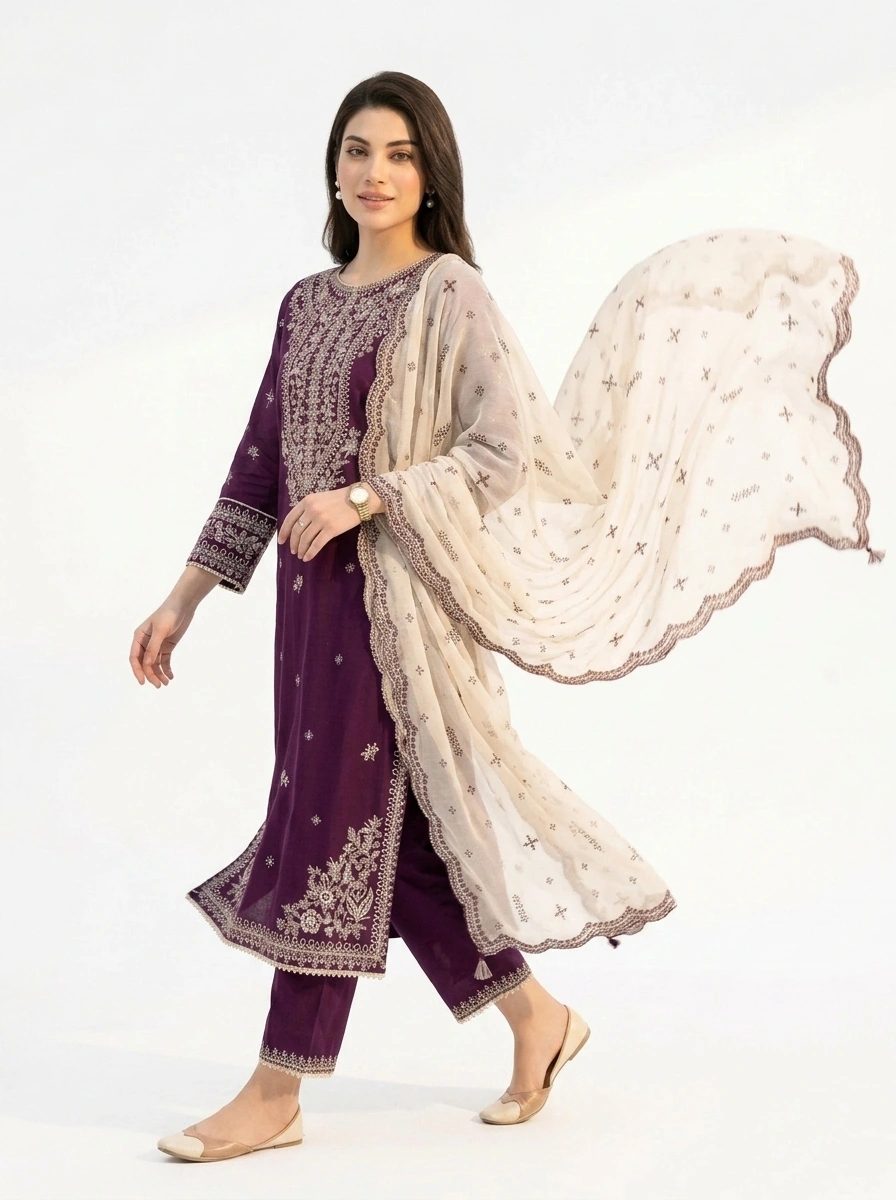 3PC Stitched Solace Purple Cotton