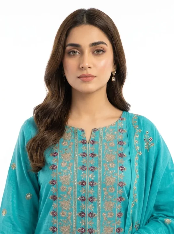 Unstitched Cyan Turquoise Lawn Suit