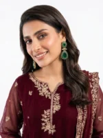 3 PC Stitched Berry Dusk Khadi Net Suit