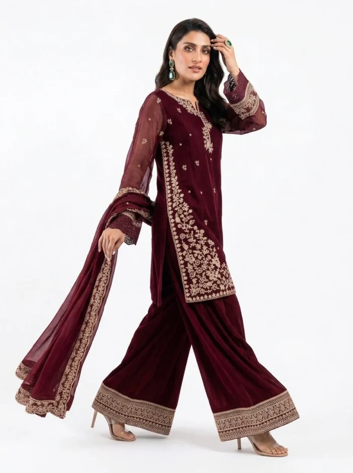 3 PC Stitched Berry Dusk Khadi Net Suit