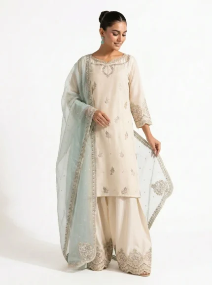 3PC Stitched Noor Cream Lawn