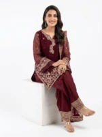 3 PC Stitched Berry Dusk Khadi Net Suit
