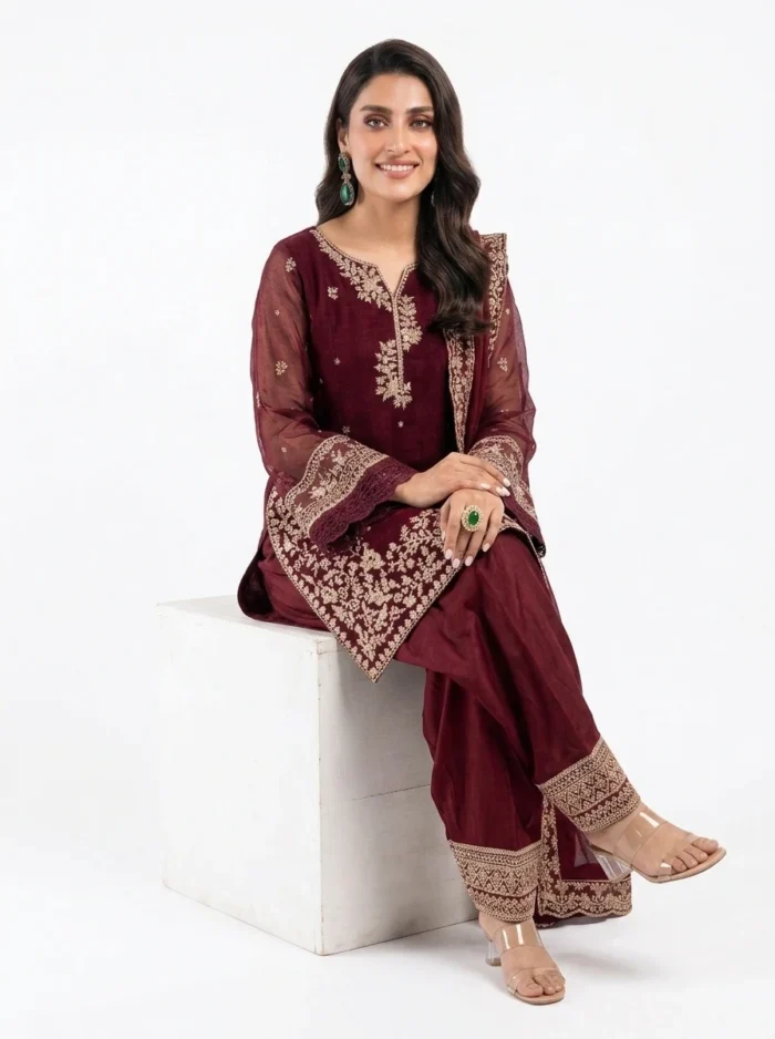 3 PC Stitched Berry Dusk Khadi Net Suit
