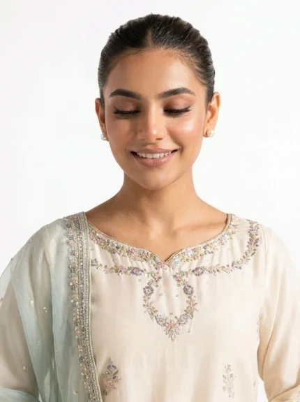 3PC Stitched Noor Cream Lawn
