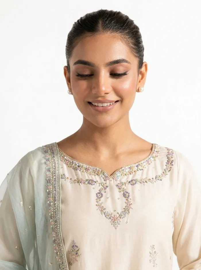 3PC Stitched Noor Cream Lawn