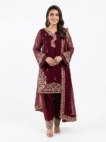 3 PC Stitched Berry Dusk Khadi Net Suit