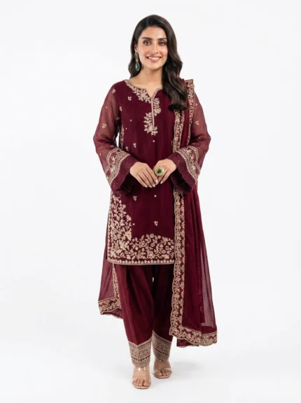 3 PC Stitched Berry Dusk Khadi Net Suit