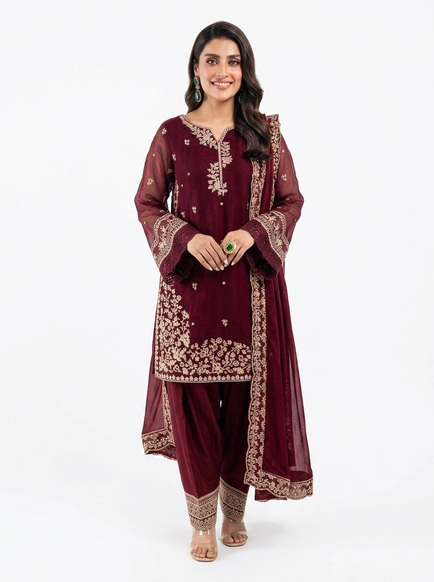 3 PC Stitched Berry Dusk Khadi Net Suit