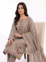 Unstitched Taupe Solace Lawn Suit Side Angle & Chiffon Dupatta Fall