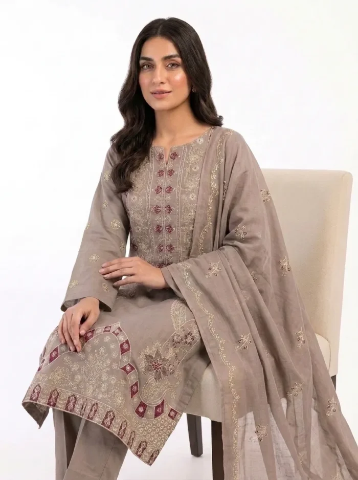 Unstitched Taupe Solace Lawn Suit Side Angle & Chiffon Dupatta Fall