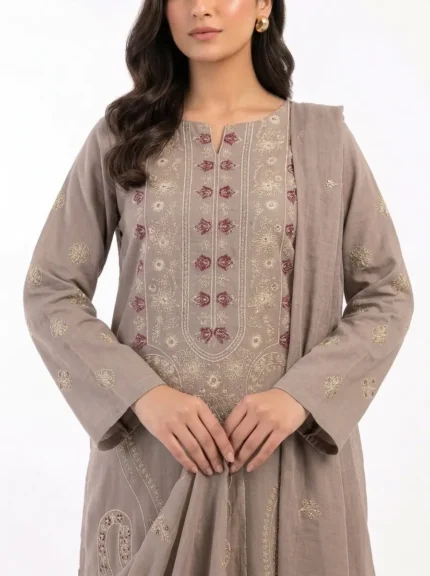 Unstitched Taupe Solace Lawn Suit Full Length View