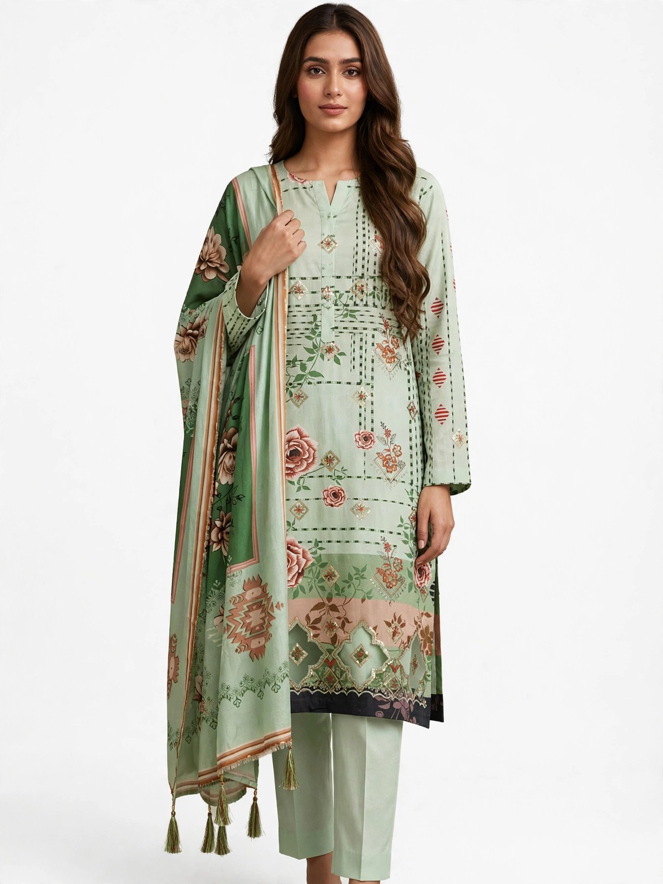 3PC Stitched Winter Karandi Laser Cut Suit - Sage Mint Front Unstitched Sage Winter Karandi Suit - Image 1